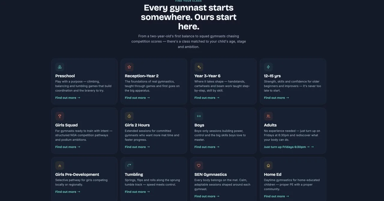 The class directory — twelve classes from preschool to squad, each with its own card