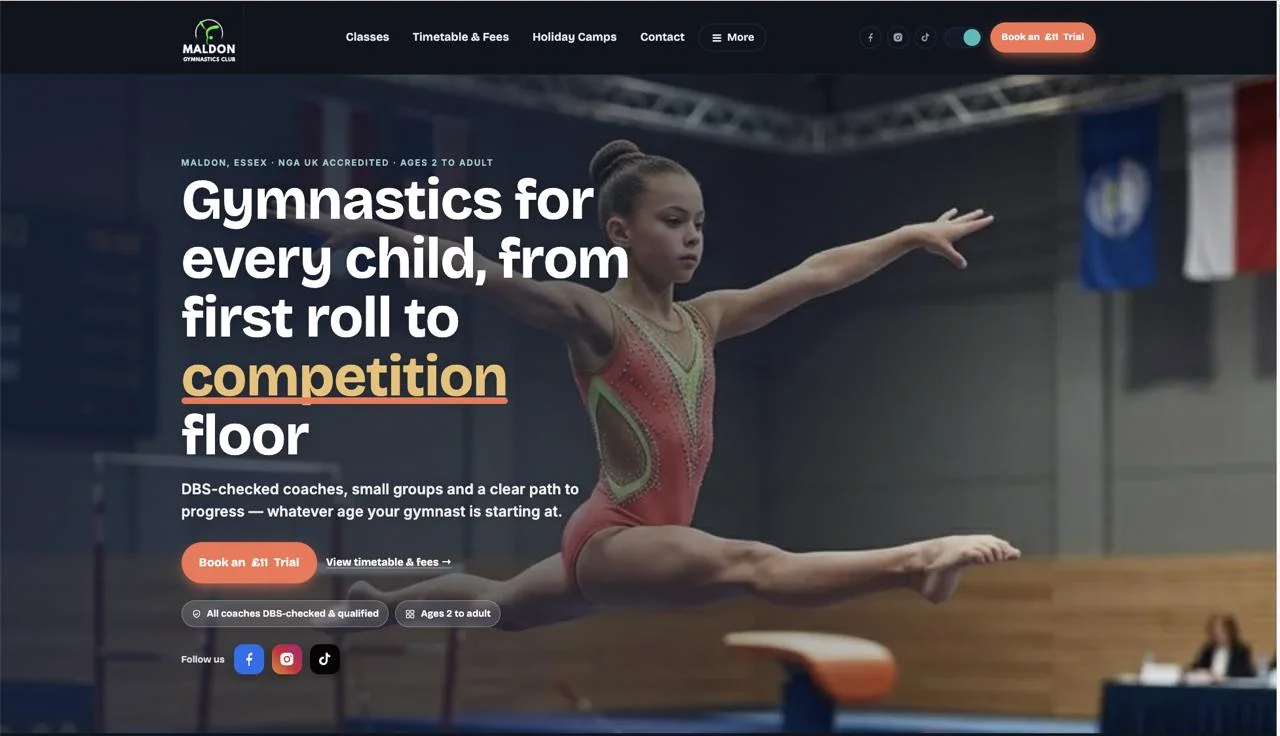 Maldon Gymnastics Club homepage — “Gymnastics for every child, from first roll to competition floor”