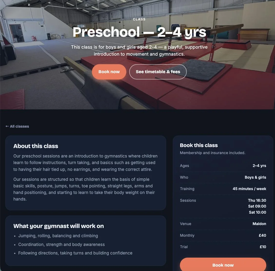 A single class page — details, weekly schedule, pricing and one-tap booking