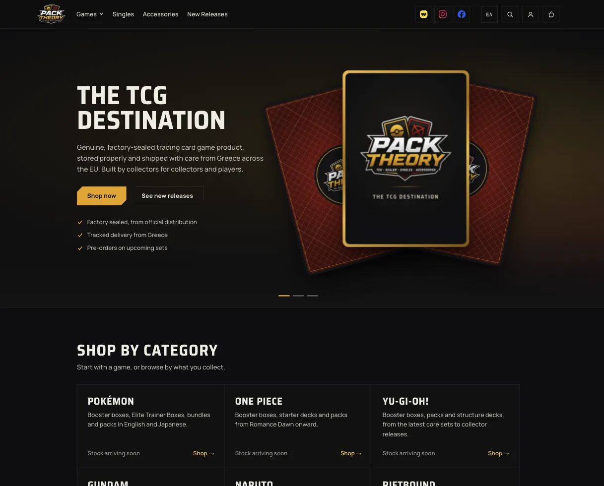 Pack Theory homepage — "The TCG Destination" with shop-by-category grid