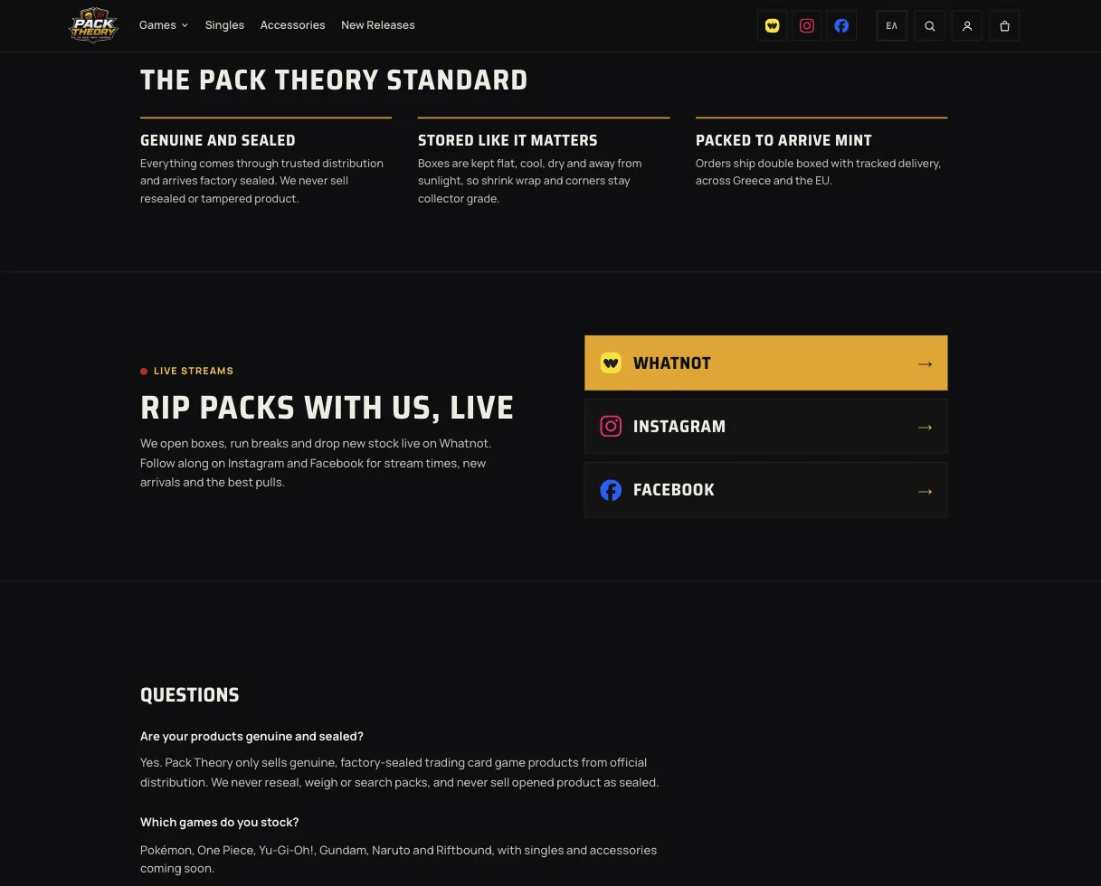 The Pack Theory standard — genuine and sealed, stored like it matters, packed to arrive mint — and live-stream links
