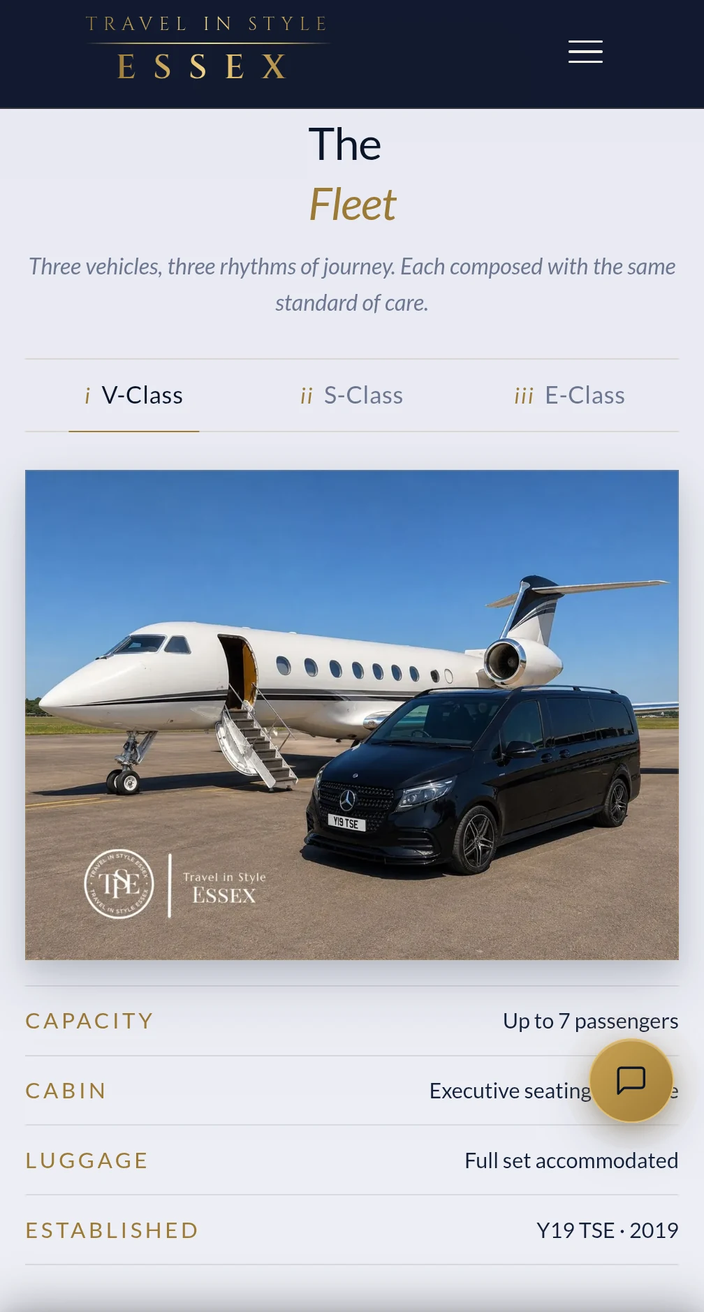 The fleet — Mercedes-Benz V-Class beside a private jet, with spec table